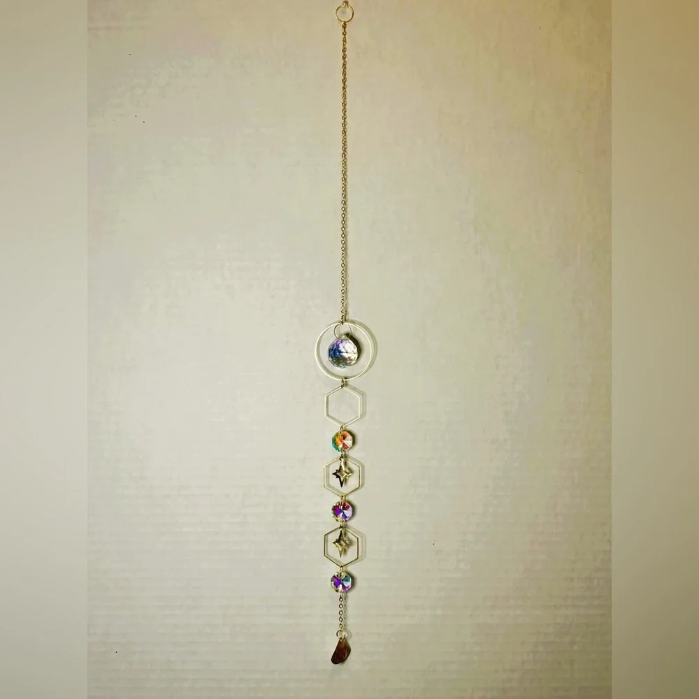 Hanging Gold Crystal Suncatcher Colorful Prism Pendant 17.5in